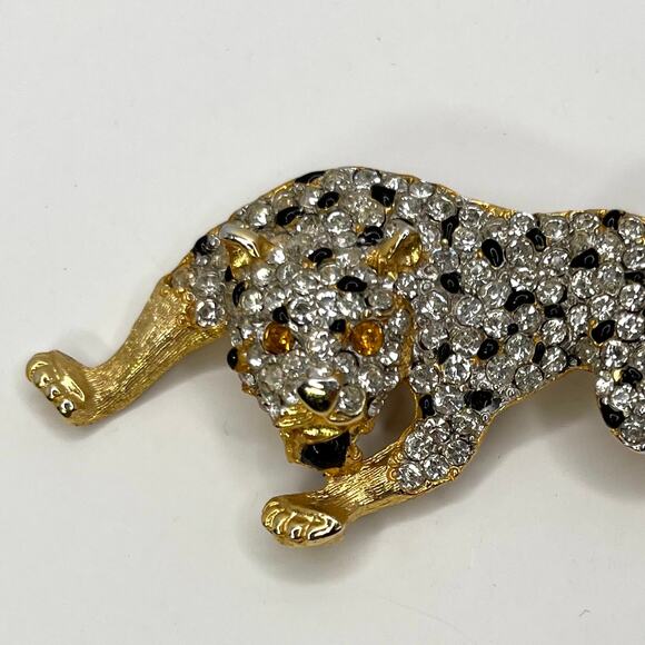 Leopard Cheetah Jaguar Wild Cat Animal Brooch Pin Gold Black Rhinestones - Picture 3 of 7